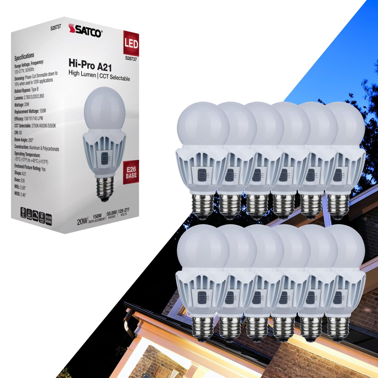 Satco 12 Pack S28737 20W LED A21 Light Bulb, High Lumen Output, 2700K/4000K/5000K CCT Selectable, Medium Base, White Finish, 120V-277V, Ideal for Wide Areas, Commercial, Residential