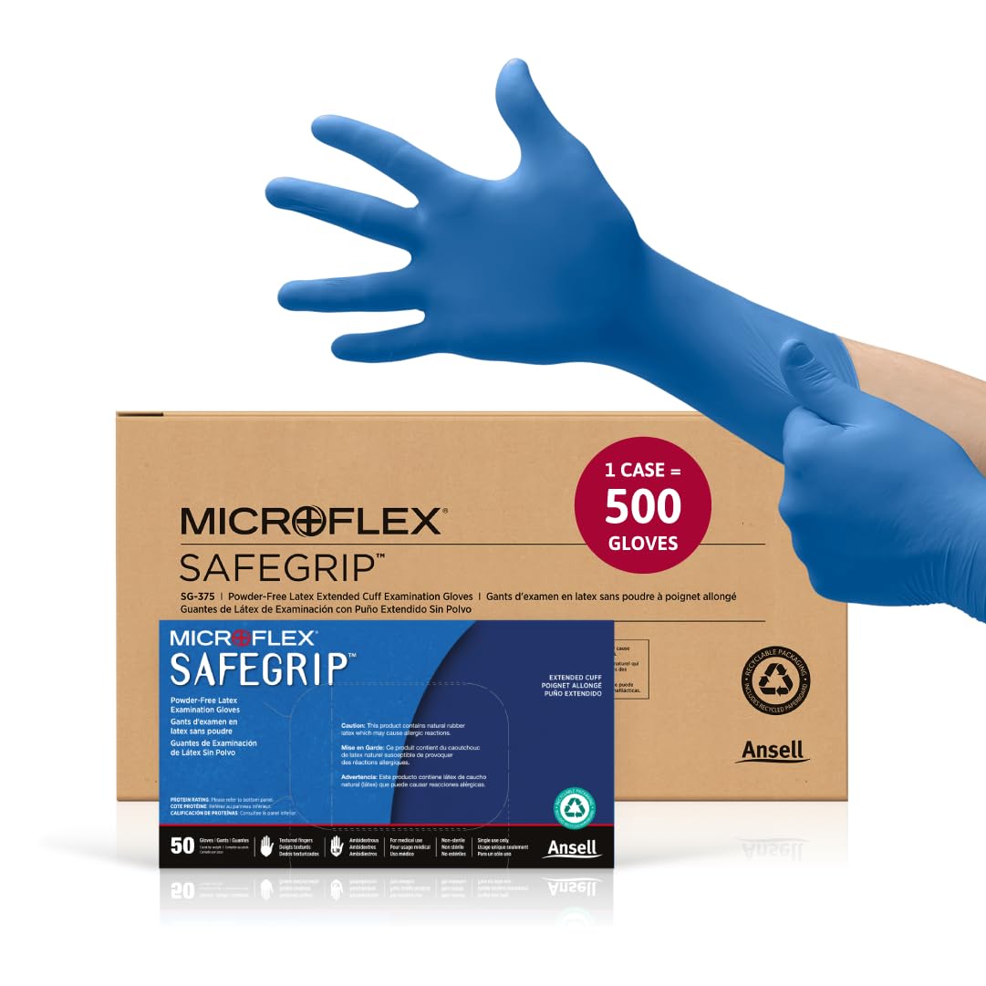 Ansell MICROFLEX SafeGrip SG-375 Disposable Latex Gloves, XL, Case of 500