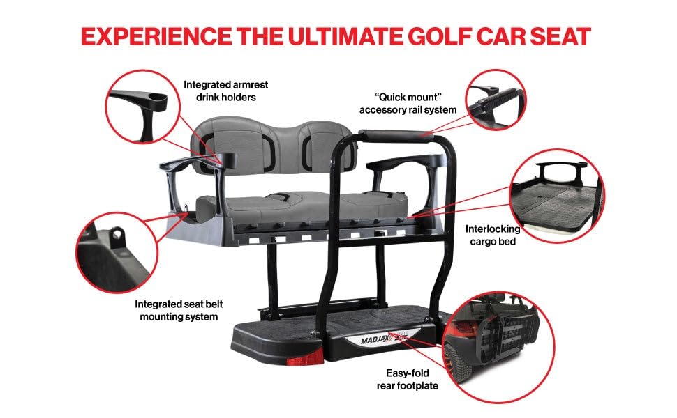 MadJax Commander Front Seat Back with Armrests & Storage Console, Rear Seat Back and Bottom Cushion Assemblies & G250 Steel Rear Seat Kit Compatible with MadJax XSeries X2 Golf Cart, Black