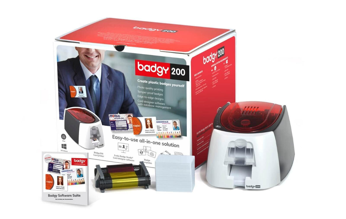 EVOLIS, BADGY200, CARD PRINTING SOLUTION, 1 BADGY200 PRINTER, SINGLE SIDED, 1 COLOR RIBBON FOR 100 PRINTS AND 100CT PVC CARDS(30MIL) WITH BADGE STUDIO+ SOFTWARE