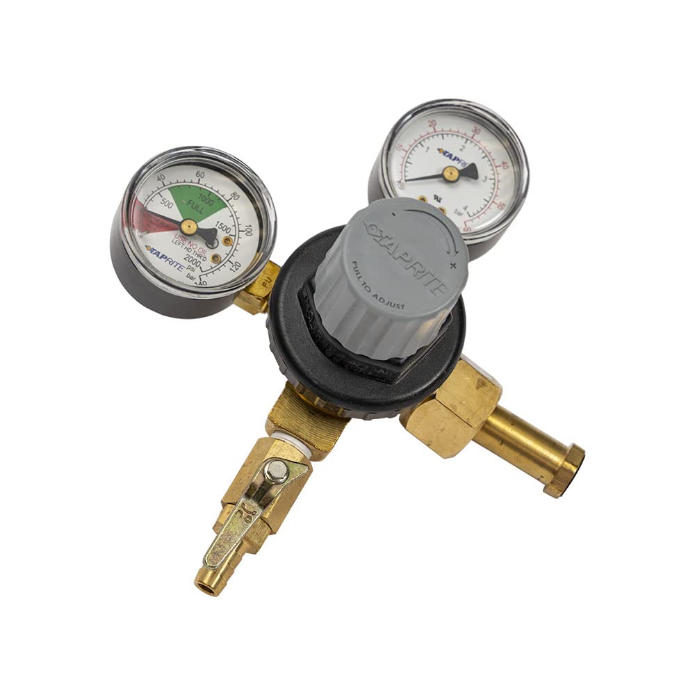 TAPRITE E-T742 CO2 Primary Beer Dual High Pressure Gauge New - CGA 320 Inlet 5/16" Barb Shutoff (Brass Body)