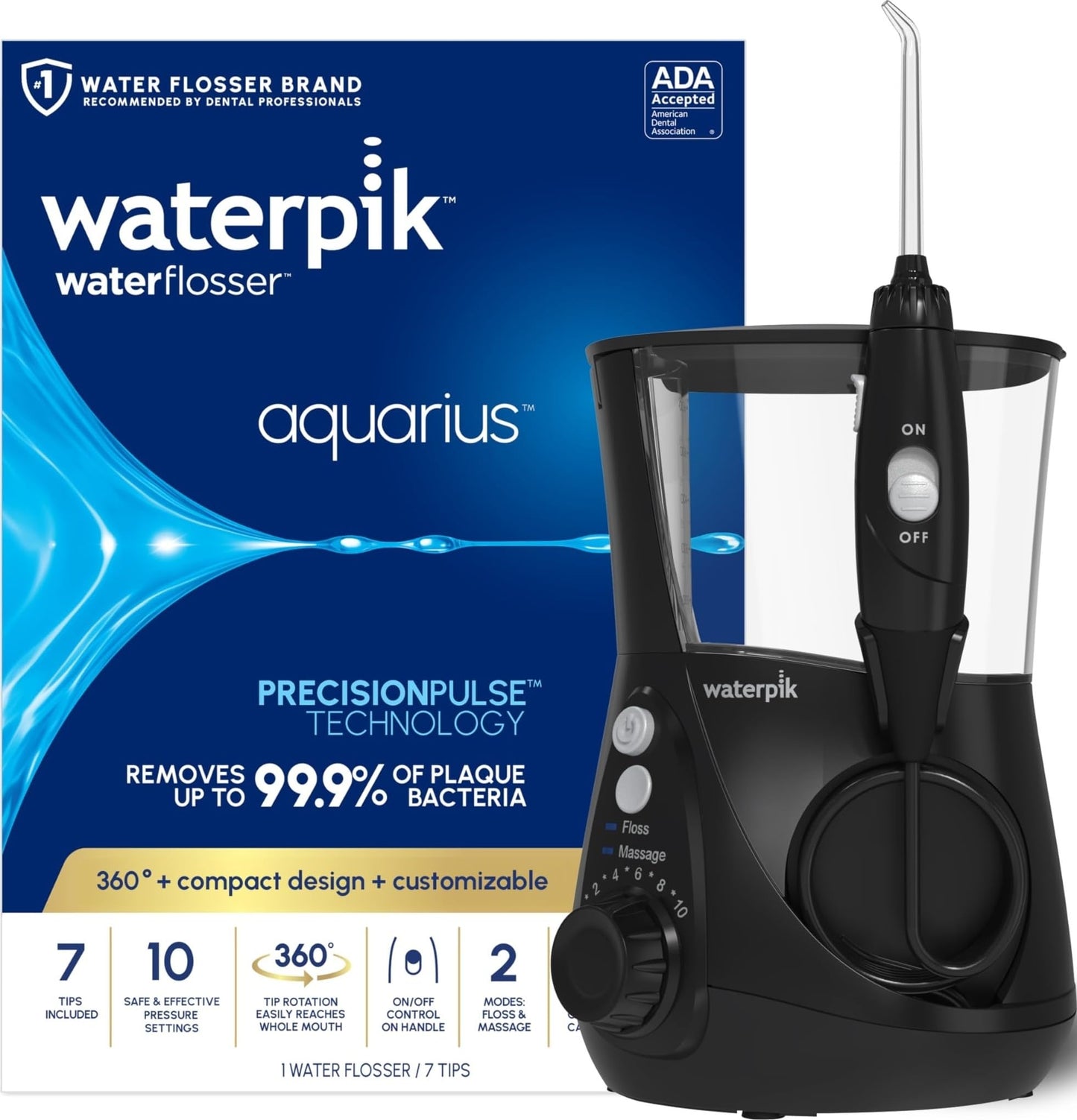 Waterpik Aquarius Countertop Water Flosser with 10 Settings, 7 Tips, Black