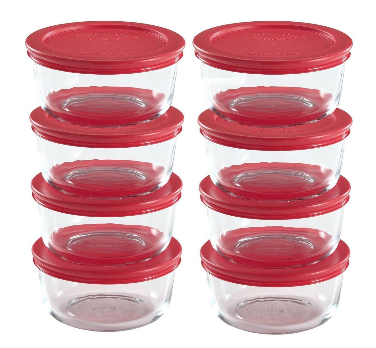 Pyrex 7200 (2-Cup) Glass Bowls With Red Lids (8-Pack) - Made in USA