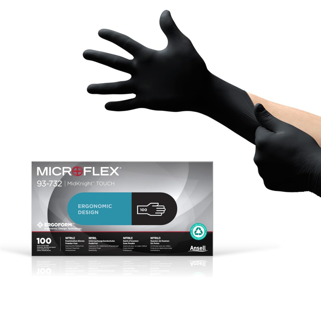Ansell MICROFLEX MidKnight Touch 93-732 Black Nitrile Disposable Gloves for Food Prep, Tattoo, Cosmetics Size XS Case of 1000