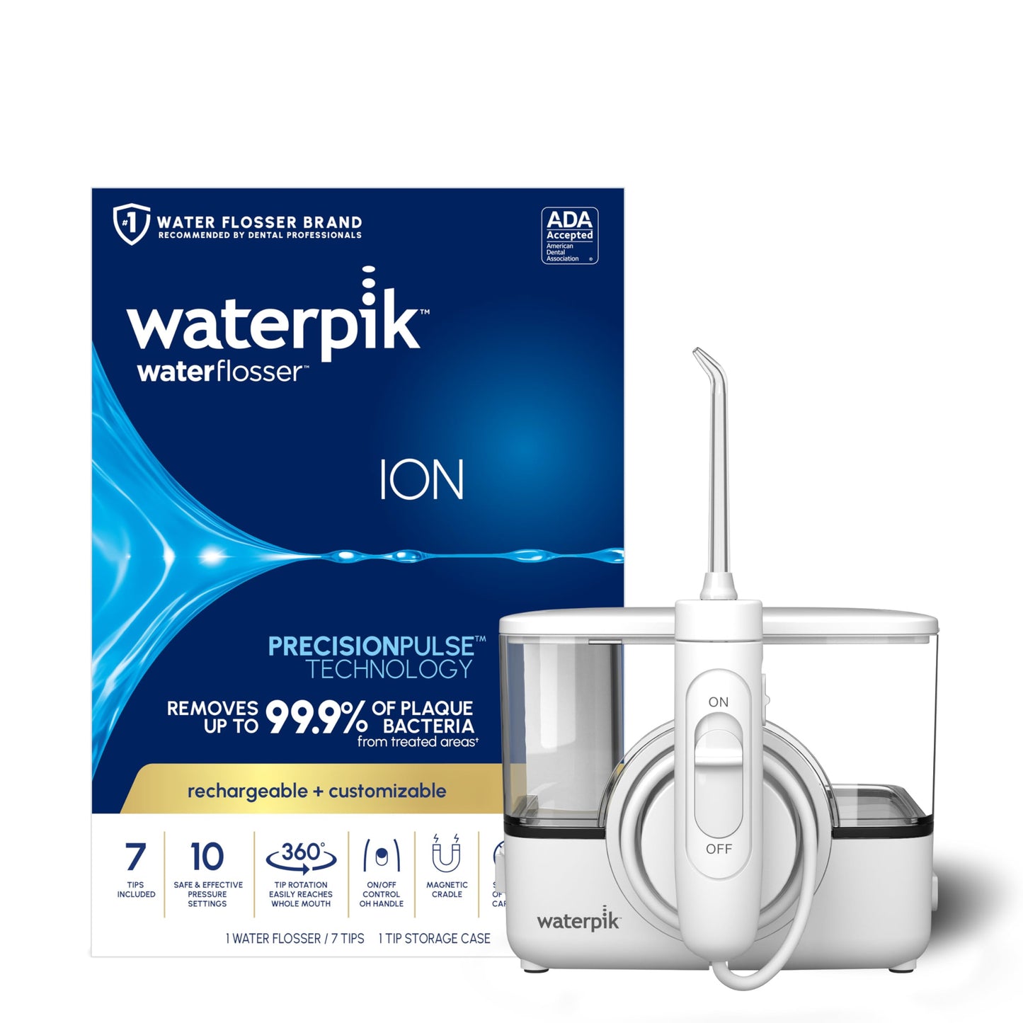 Waterpik ION Rechargeable Water Flosser with 10 Settings, 7 Tips, White