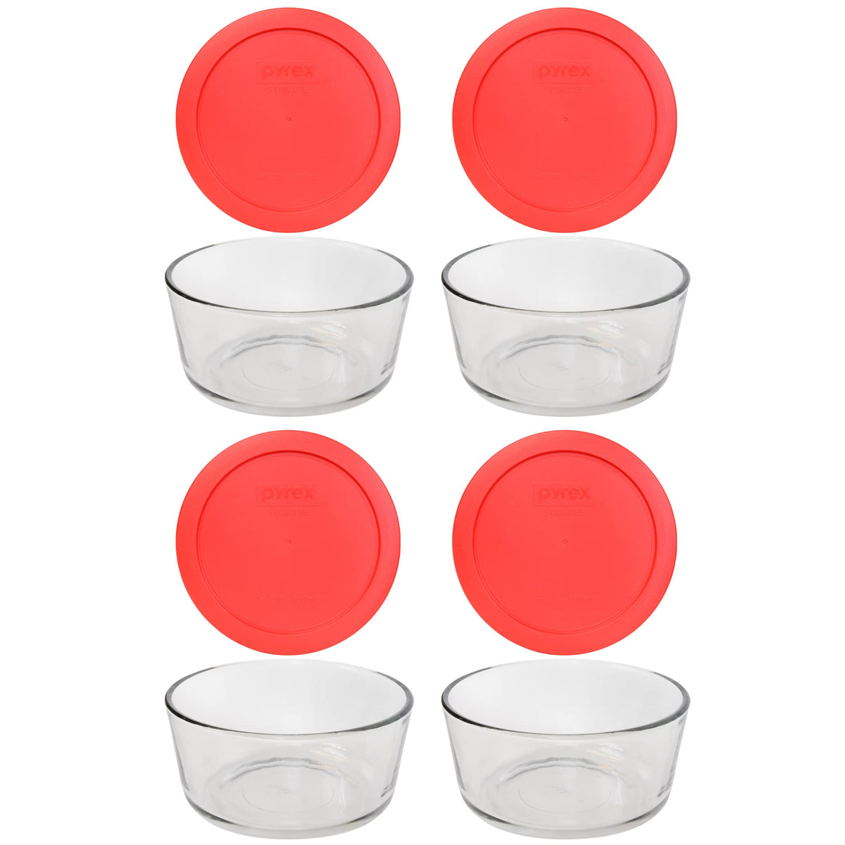 Pyrex 7201 4-Cup Glass Bowl & 7201-PC Red Lid (4-Pack) - Made in USA