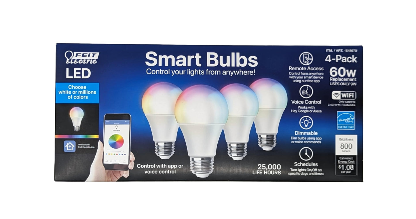 Smart Color-Changing LED Bulbs (4-Pack) for Google & Alexa, 9W (60W Replacement), E26 Base, A19 Shape by Feit Electric
