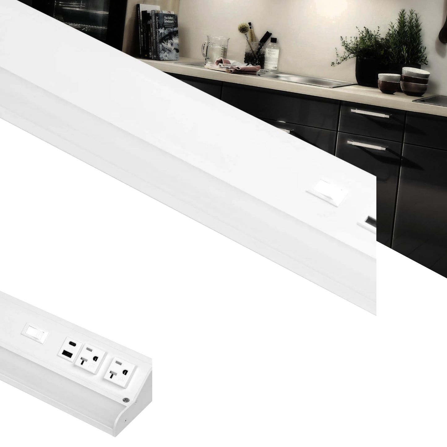American Lighting LED Courant Plus Undercabinet Light 24 Inch 5CCT 90+ CRI 1200 Lumens with USB-A USB-C and 20A Receptacles White Finish Title 24 Compliant