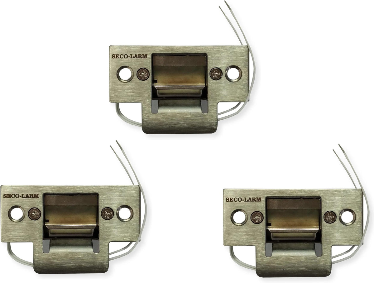 Seco-Larm SD-991A-D1Q Pack of 3 Mini No-Cut Electric Door Strikes; Indoor Use, Converts Cylindrical Lock Sets Into an Electronic Access-Controlled Locking System, Stainless Steel Keeper