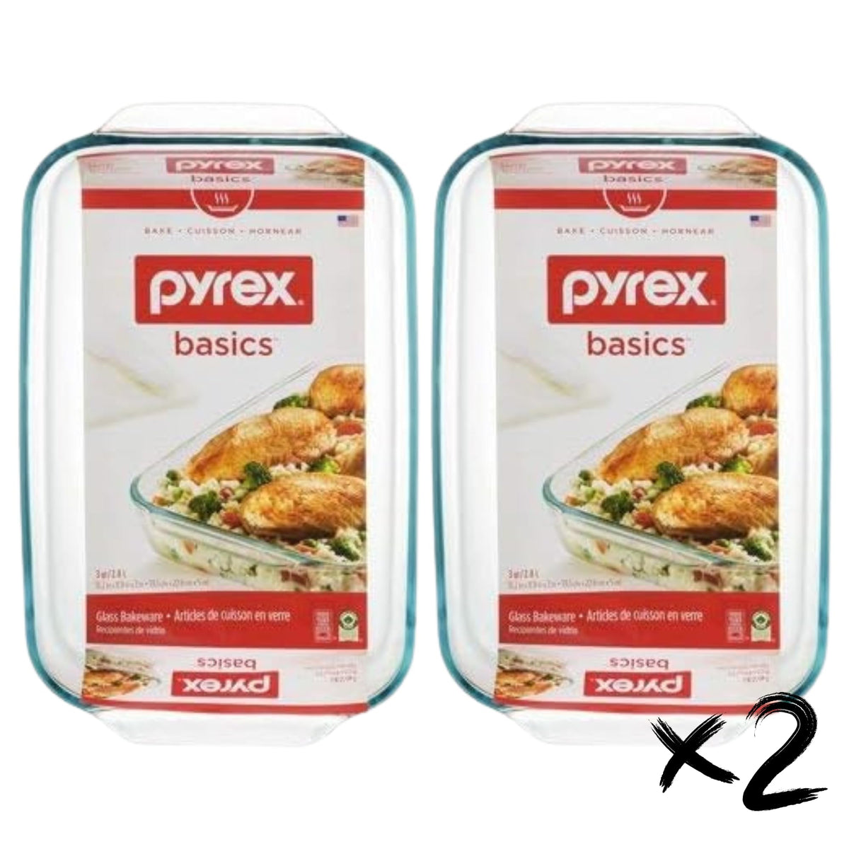 Pyrex Basics 3 Quart Oblong Glass Baking Dish, Clear 9 x 13 inch - Set of 2 - Original Genuine Pyrex - Made in the USA