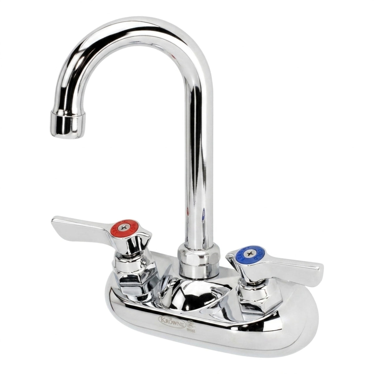 Krowne KR-10-400L 3.5" Wall Mount Faucet with Gooseneck Spout, 4" Center, 0.5 GPM Aerator, 1/2" NPS Male Inlets, Color-Coded Handles, Chrome-Plated, NSF Certified