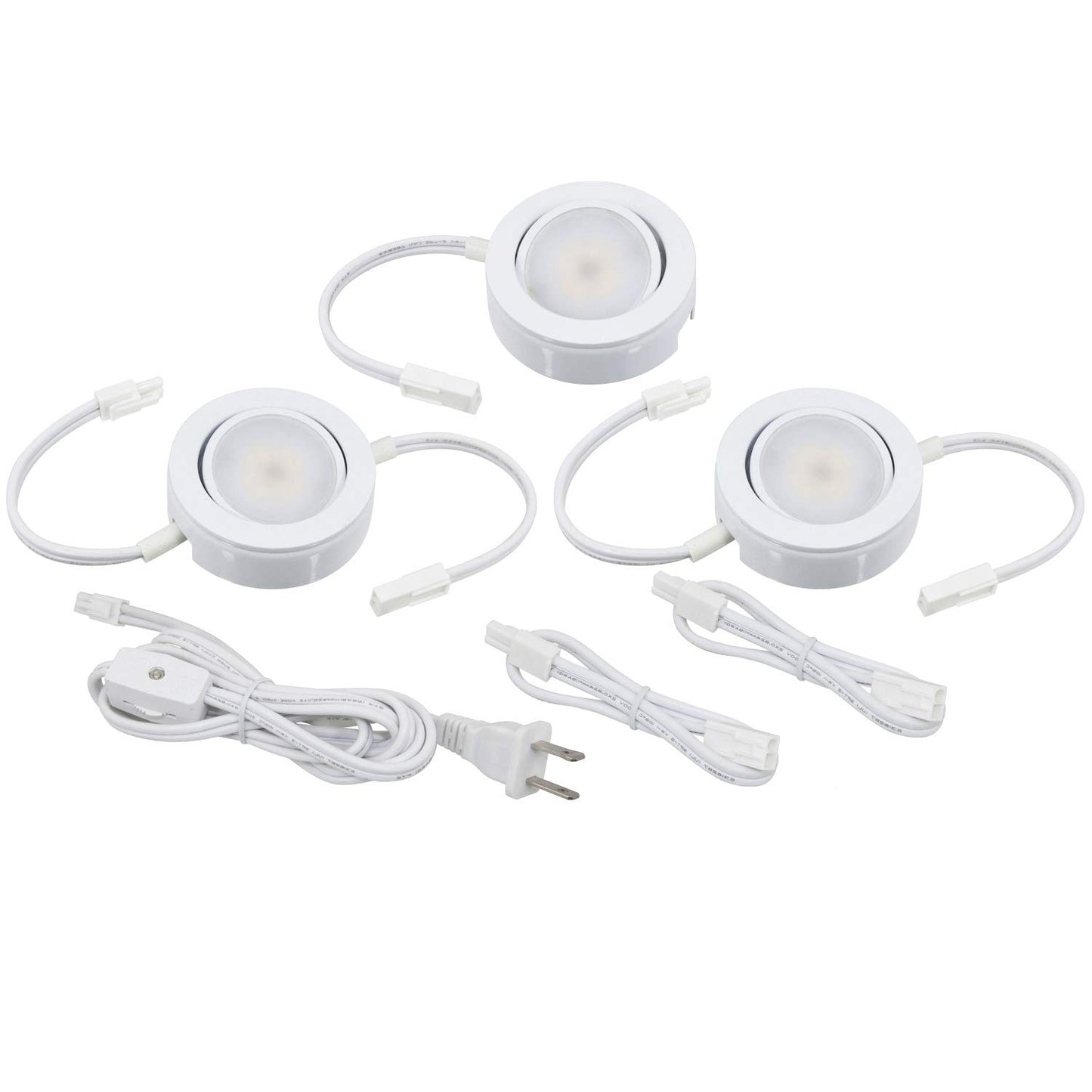 MVP Three Puck Kit with Roll Switch and 6 Foot Power Cord, Dimmable Swivel LED Puck Lights, Linkable, cETLus Listed, 2-3/4-Inch, 3000K White, 3-Pack Puck Kit