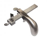 Aluminum handle draw gauge. Used for cutting leather strips. All metal construction. Manufactured with polished head, slide, and 2" blade. Cuts straps any width up to 4 inches.