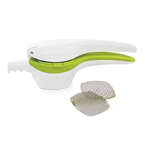 RSVP International (SPUD) Potato Ricer, White/Green | Mash Potatoes, Fruits, Vegetables & More | Includes Medium & Coarse Plates | Pot Resting Extension | Dishwasher Safe