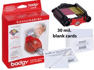 Evolis VBDG205EU BADGY200, YMCKO Color Ribbon for 100 Prints, 100 Thick Cards 30 MIL, 1 Cleaning KIT, Compatible with BADGY 1