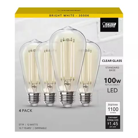 Feit Electric 100-Watt Equivalent ST19 Dimmable Straight Filament Clear Glass E26 Vintage Edison LED Light Bulb, Bright White (4-Pack) ST19100CL/930CA/4