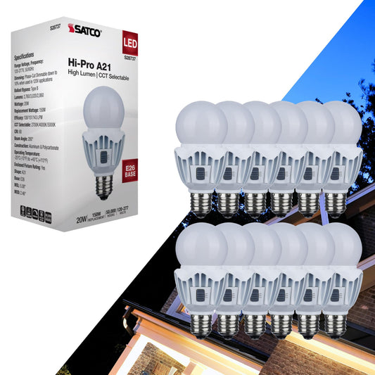 Satco 12 Pack S28737 20W LED A21 Light Bulb, High Lumen Output, 2700K/4000K/5000K CCT Selectable, Medium Base, White Finish, 120V-277V, Ideal for Wide Areas, Commercial, Residential