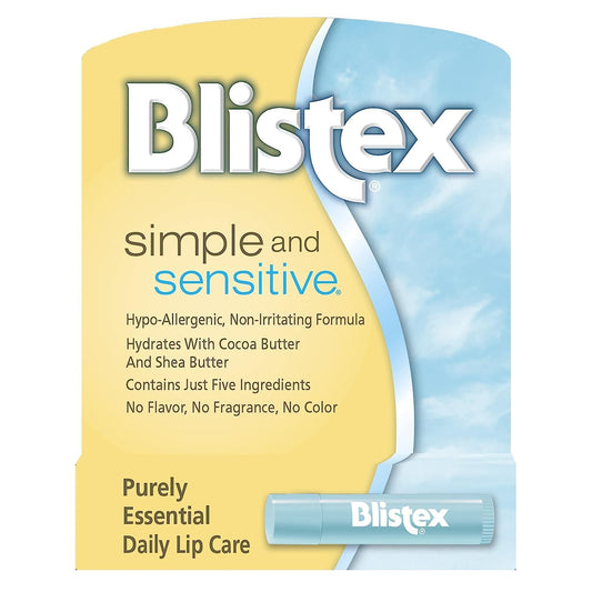 Blistex Simple and Sensitive Lip Moisturizer, Hypo-Allergenic with Cocoa & Shea Butter, No Flavor or Fragrance, 0.15 oz (Pack of 12)
