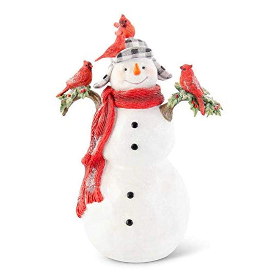 K&K Interiors 54383A 14 Inch Glittered Resin Snowman with 4 Cardinals, White and Red