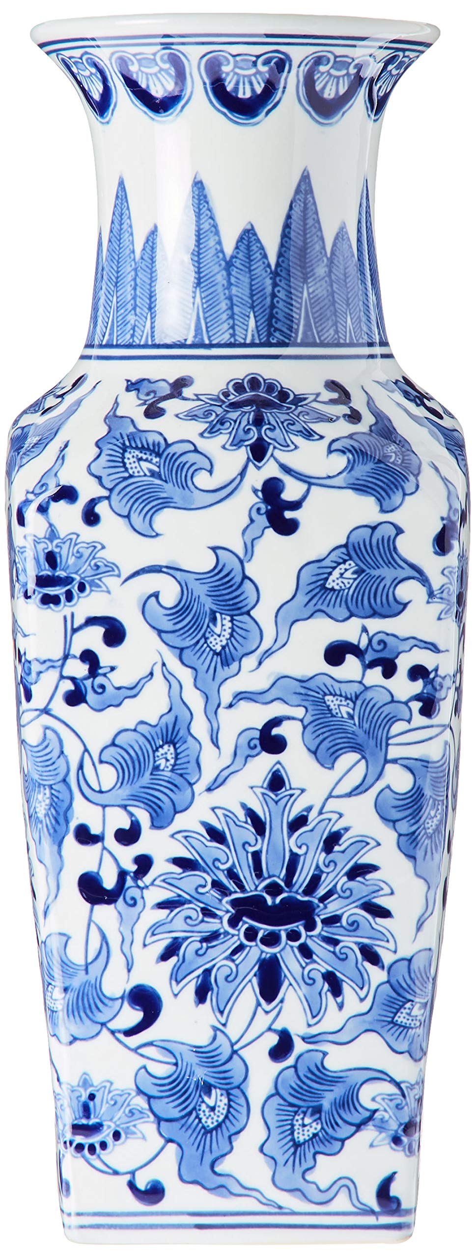 K&K Interiors Porcelain Blue and White Chinoiserie Square Vase, - 15299A