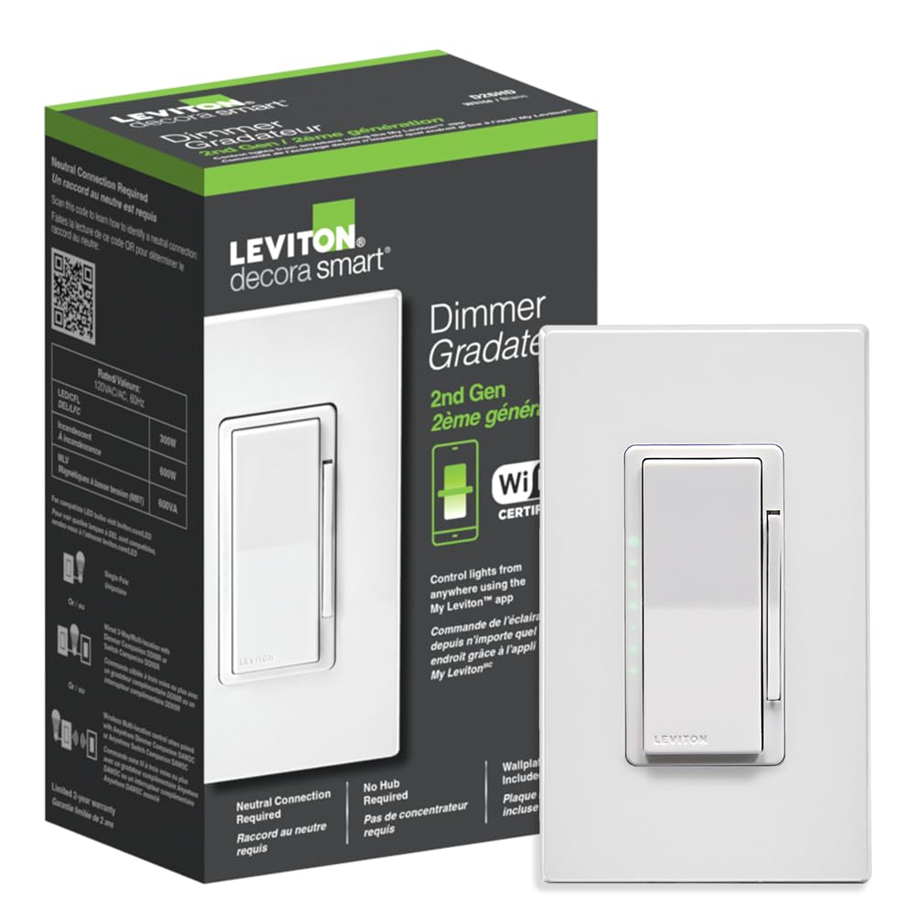 Leviton Decora Smart Dimmer Switch, Wi-Fi 2nd Gen, Neutral Wire Required, Works with Matter, My Leviton, Alexa, Google Assistant, Apple Home/Siri & Wired or Wire-Free 3-Way, D26HD-1RW, White