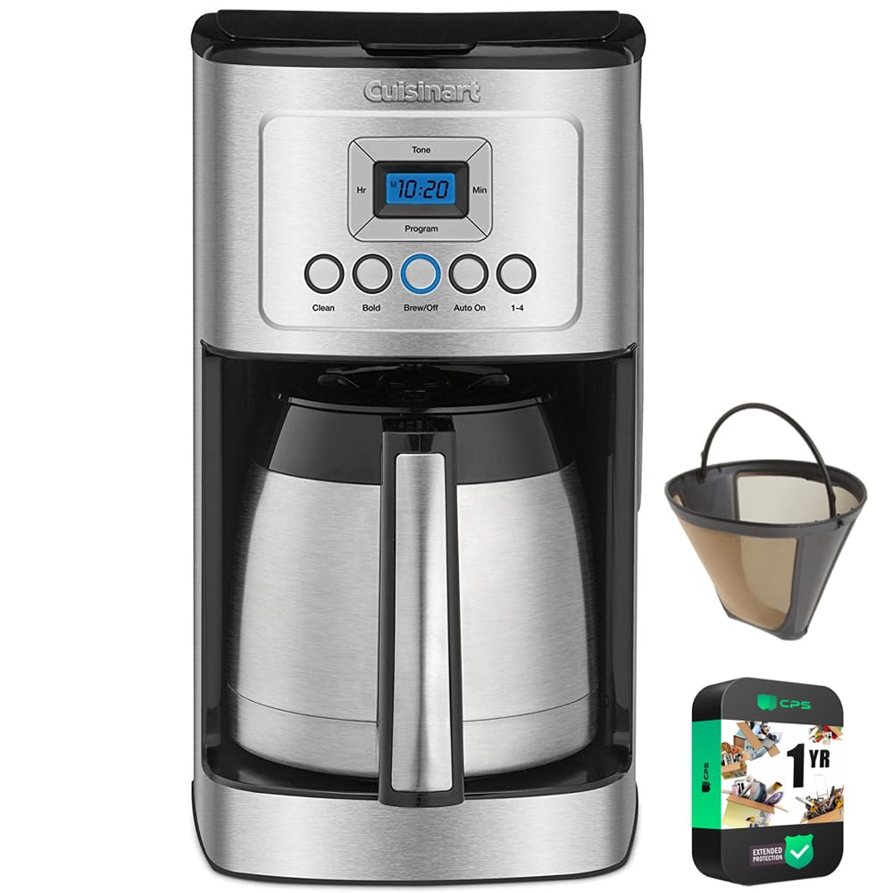 Cuisinart 12 Cup Programmable Stainless Steel Thermal Coffee Maker with Thermal Carafe (DCC-1850 /DCC-3400) Bundle Including Permanent Filter and 1 YR CPS Enhanced Protection Pack