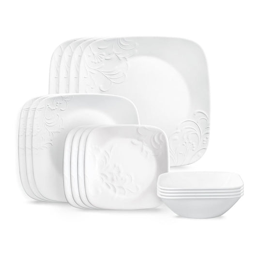 Corelle Cherish 16pc, Service for 4, Dinnerware Set, 8 Plates 8 Bowls, Chip & Break Resistant, Dinner Plates and Dinner Bowls, Corelleware Plates, White