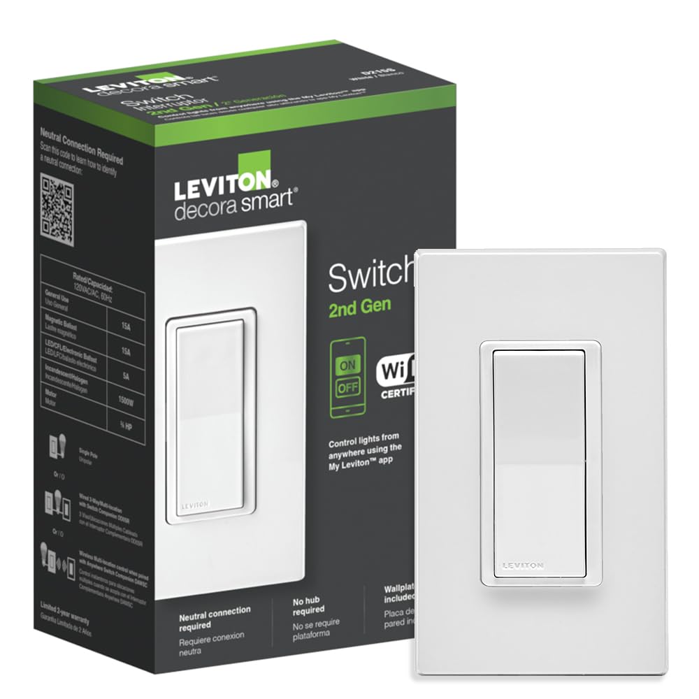 Leviton Decora Smart Switch, Wi-Fi 2nd Gen, Neutral Wire Required, Works with Matter, My Leviton, Alexa, Google Assistant, Apple Home/Siri & Wired or Wire-Free 3-Way, D215S-1RW, White