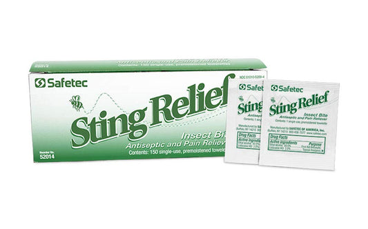 Safetec Sting Relief Insect Bite Antiseptic & Pain Reliever, Wipes, 150 per Box