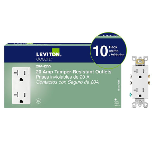 Leviton M02-T5825-Wmp 20a 125v White Decora Tamper Resistant Outlets 10 Count