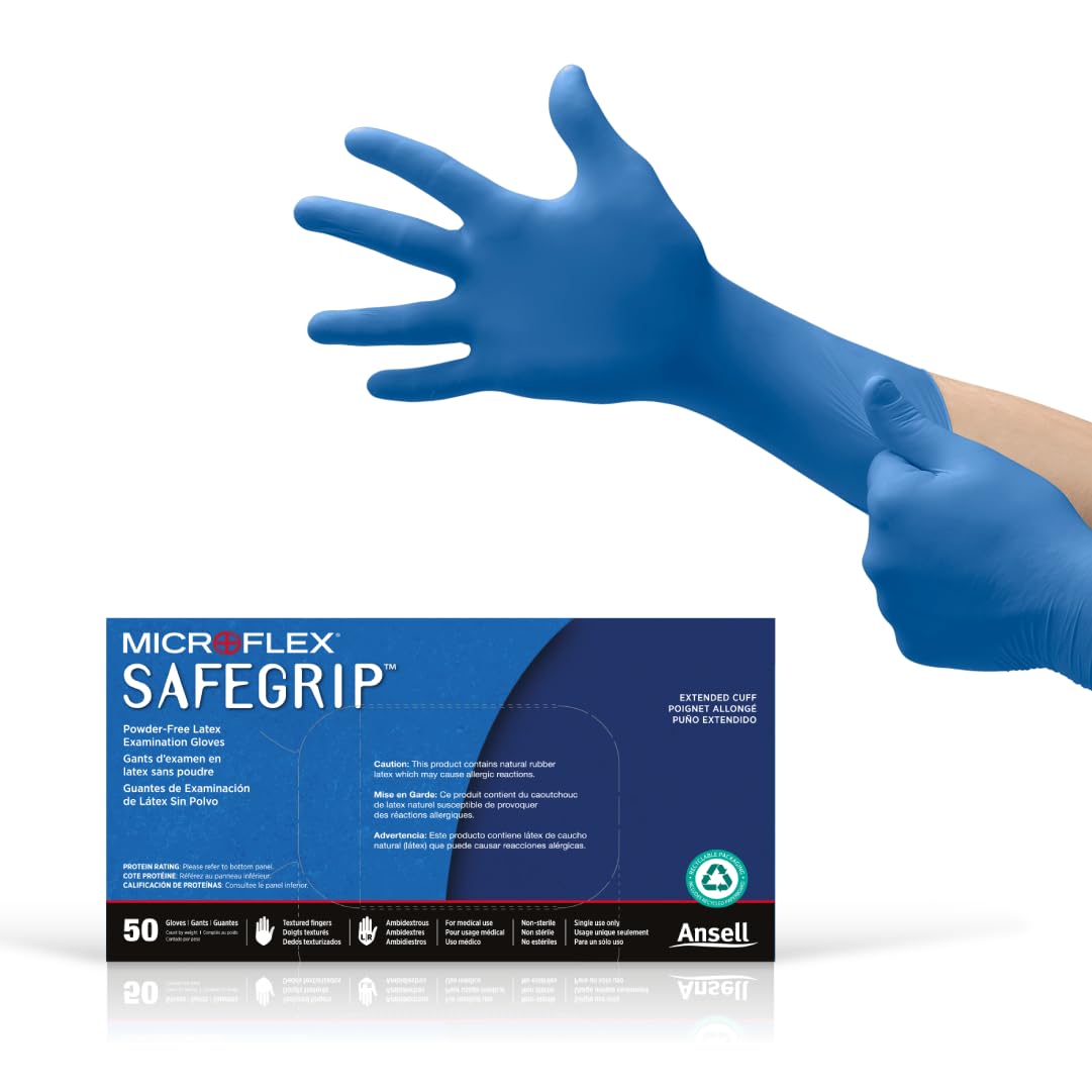 Microflex Safegrip SG-375 Latex Gloves - Disposable, Extended Cuff, Blue Size Large (Case of 500) (SG-375-L)