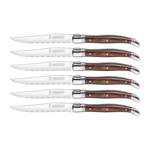 Trudeau Laguiole Steak Knives Set of 6 每 Premium Stainless Steel Serrated Blades with Pakkawood Handles 每 Dishwasher Safe Steak Knife Set for Dinner, BBQ, or Gifting 每 Rustic Elegant Design