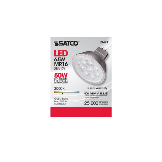 Satco 6.5 watt; LED MR16 LED; 3000K; 25' Beam Spread; GU5.3 Base; 12 Volt AC/DC - S9491 (12 LED Bulbs)