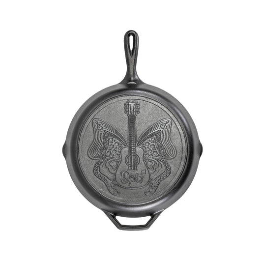 Lodge 12 Inch Dolly Parton Pre-Seasoned Cast Iron Stamped Skillet - Signature Teardrop Handle - Use in the Oven, on the Stove, on the Grill, or Over a Campfire, Black