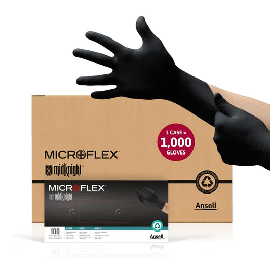 Ansell MICROFLEX MidKnight MK-296 Disposable Nitrile Gloves for Automotive, Law Enforcement w/Full Texture - Medium, Black (Case of 1000)