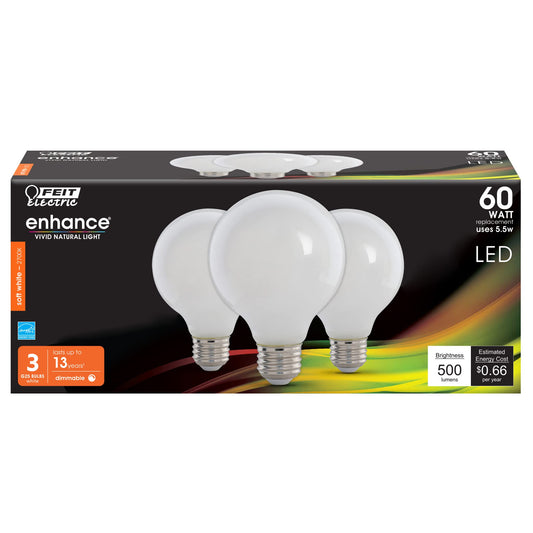Feit Electric 60-Watt Equivalent G25 Dimmable Filament LED Energy Star 90+ CRI White Glass Light Bulb, Soft White (3-Pac