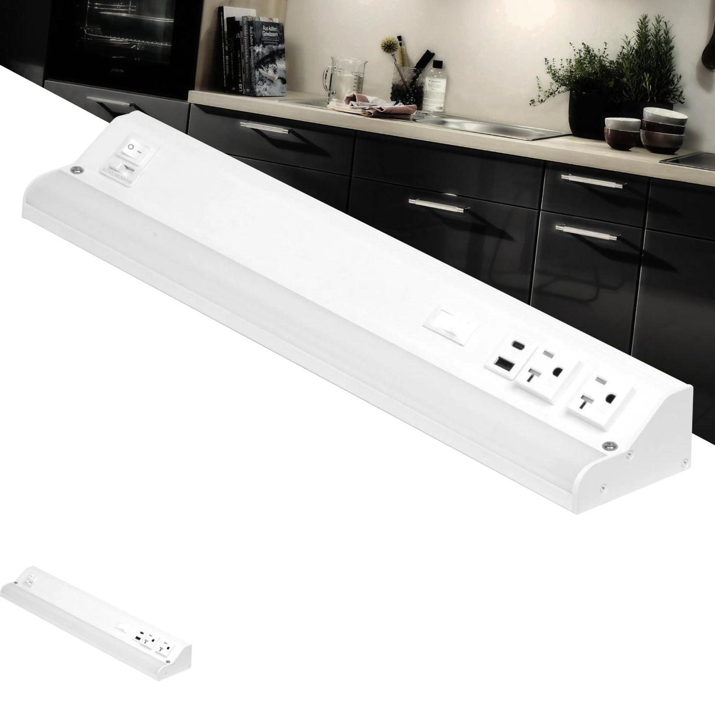 American Lighting LED Courant Plus Undercabinet Light 18 Inch 5CCT 90+ CRI 1000 Lumens with USB-A USB-C and 20A Receptacles White Finish Title 24 Compliant