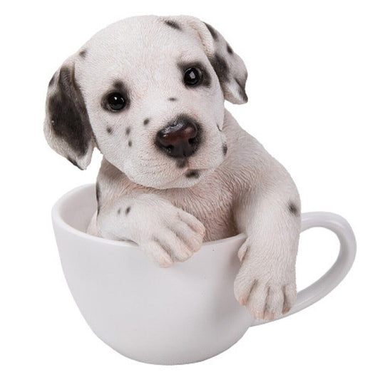 Pacific Giftware White and Black Dalmatian Puppy in Teacup Decorative Polyresin Figurine Hand-Painted Realistic Dog Lover Collectible Pet Home Decor 6" H