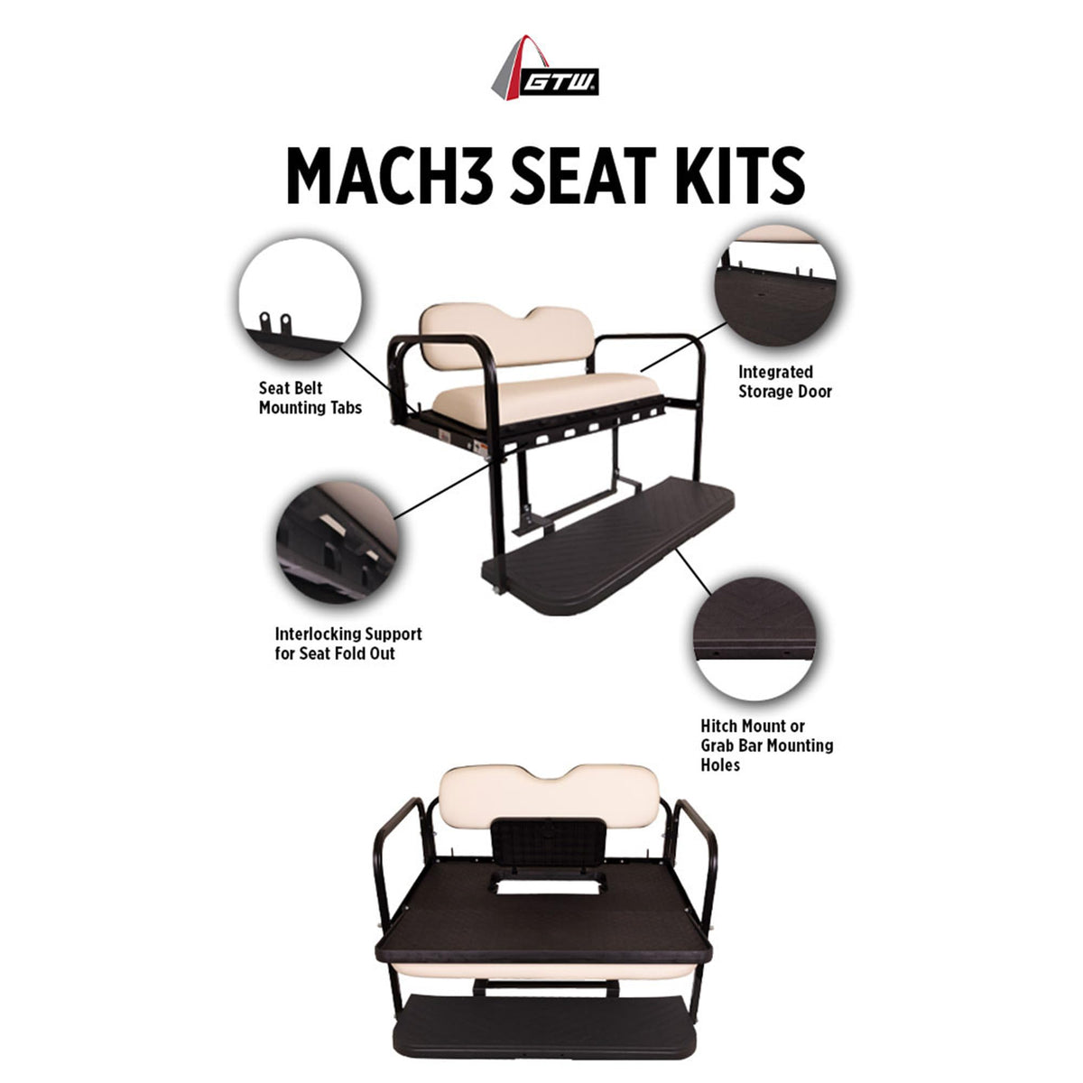 GTW MACH3 Golf Cart Rear Seat Kit with Steel Frame, Sandstone Cushions