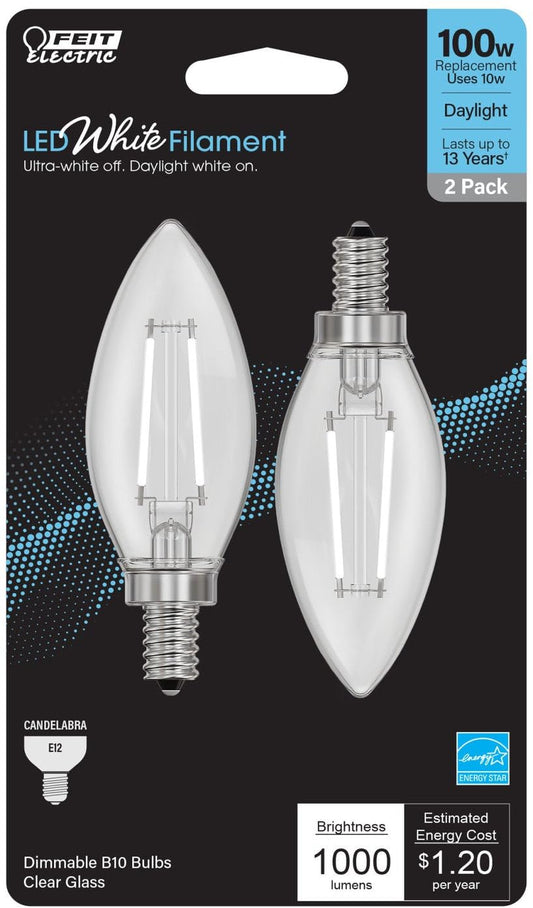Feit Electric BPCTC100950CAWFIL/2 Daylight Torpedo-Tip Exposed White Filament LED Bulb, 2 Bulbs per Pack; 10W; 100W Equivalent; E12 Base; 5000K; 90 CRI; 1000 Lumen; Glass Lens; 15000 Life Hours