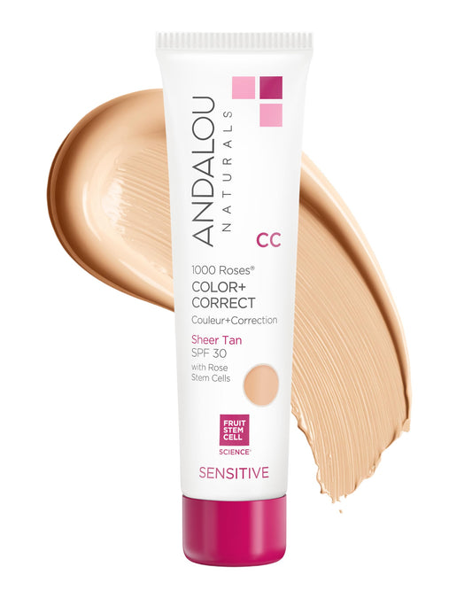 Andalou Naturals 1000 Roses CC Color + Correct with SPF 30, Sheer Tan, 2-in-1 Face Sunscreen + CC Cream for Sensitive Skin, Helps Correct Uneven Skin Tone, Reef Safe Sunscreen, 2 Fl Oz