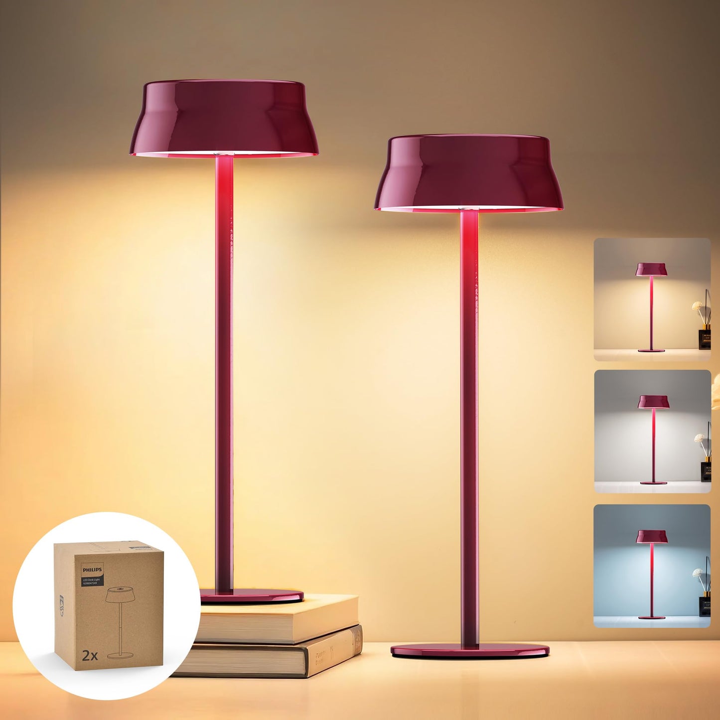 Philips Cordless Table Lamp, Portable Outdoor LED Desk Light,Rechargeable Battery Operated, 2 Adjustable Height, Touch Control & 3 Color Stepless Dimming, Waterproof Lamps for Restaurant/Bedroom
