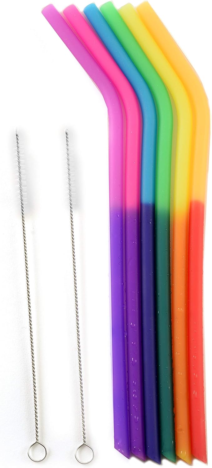 Norpro Silicone Color Changing Straws with 2 Cleaning Brushes, Set of 6