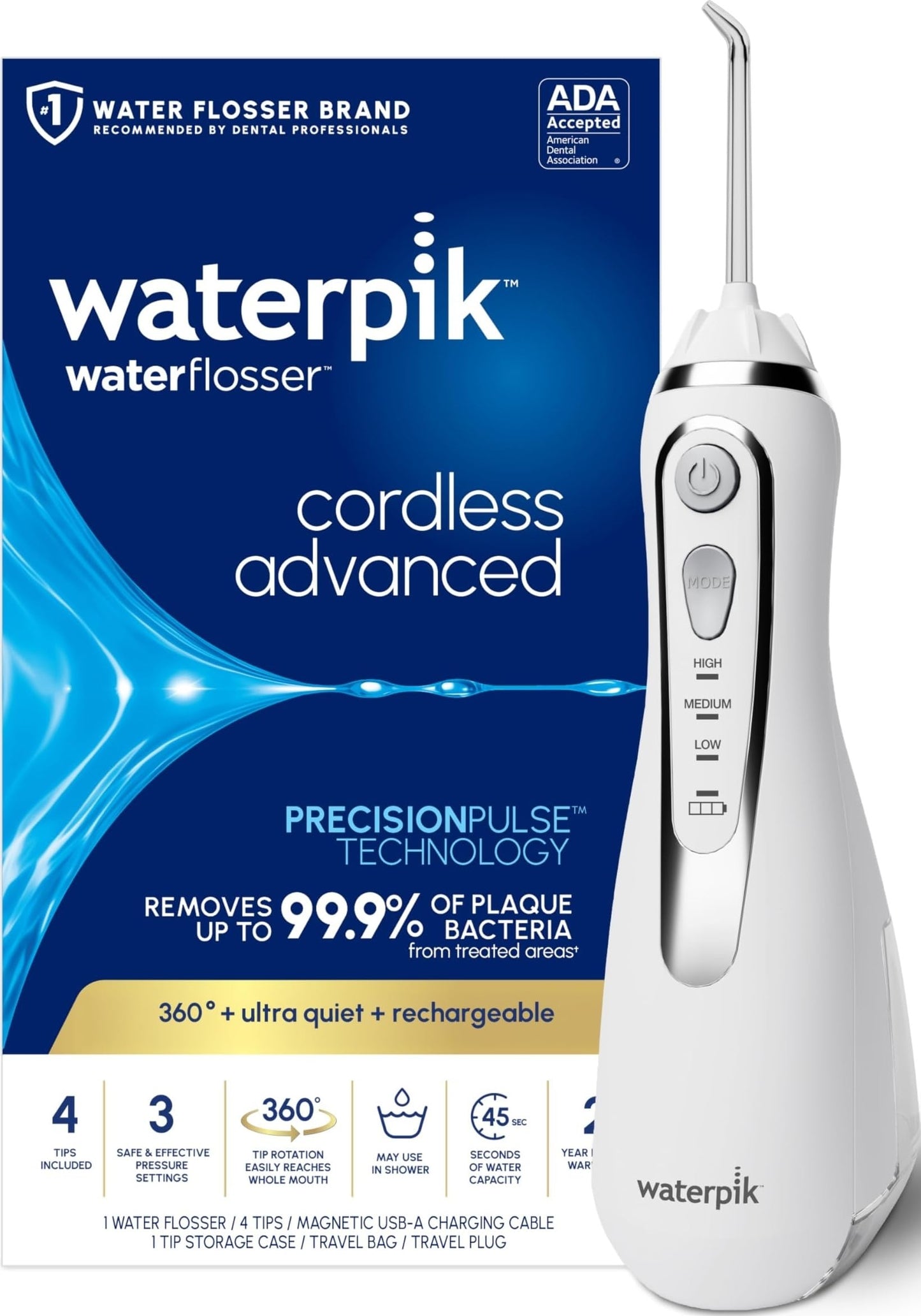 Waterpik Cordless Advanced Portable Water Flosser, Rechargeable, White