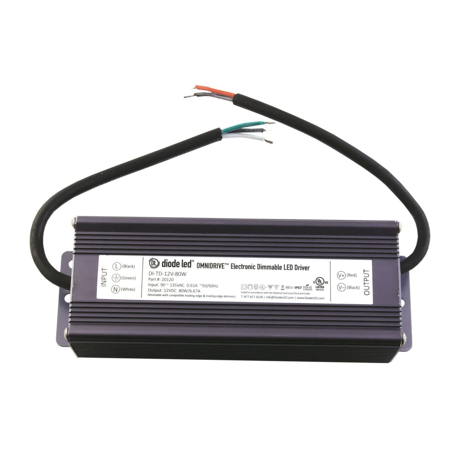 DiodeLED DI-TD-24V-80W Dimmable Electronic Driver 90 - 135 Volt AC Input 12 Volt DC Output 80 Watt Output Omnidrive