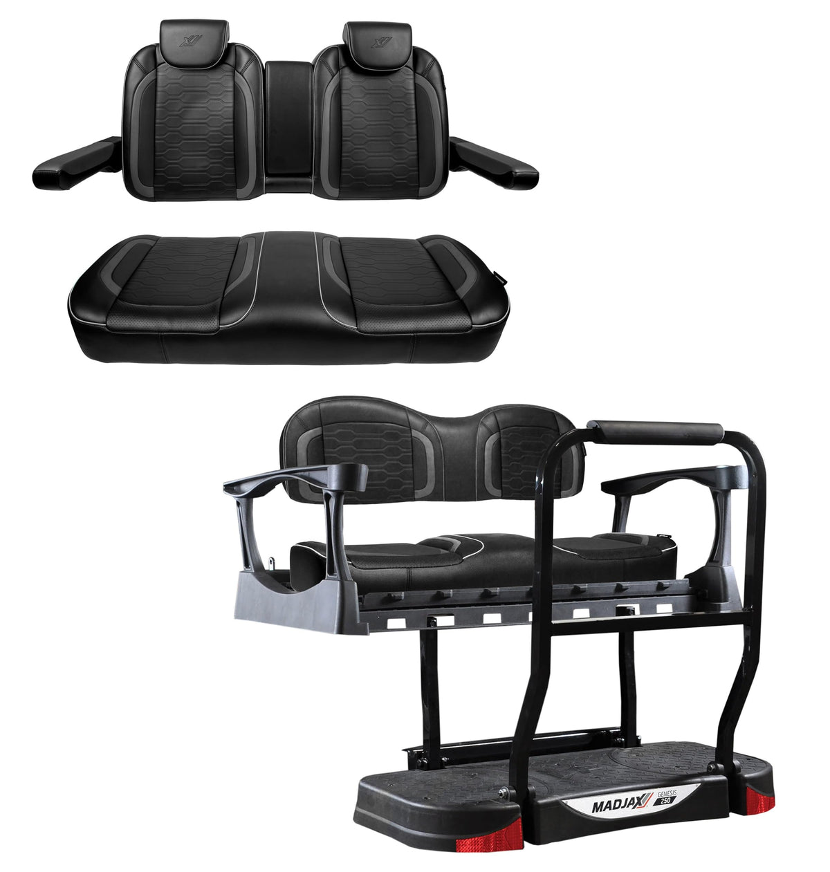 MadJax Commander Front Seat Back with Armrests & Storage Console, Rear Seat Back and Bottom Cushion Assemblies & G250 Steel Rear Seat Kit Compatible with MadJax XSeries X2 Golf Cart, Black