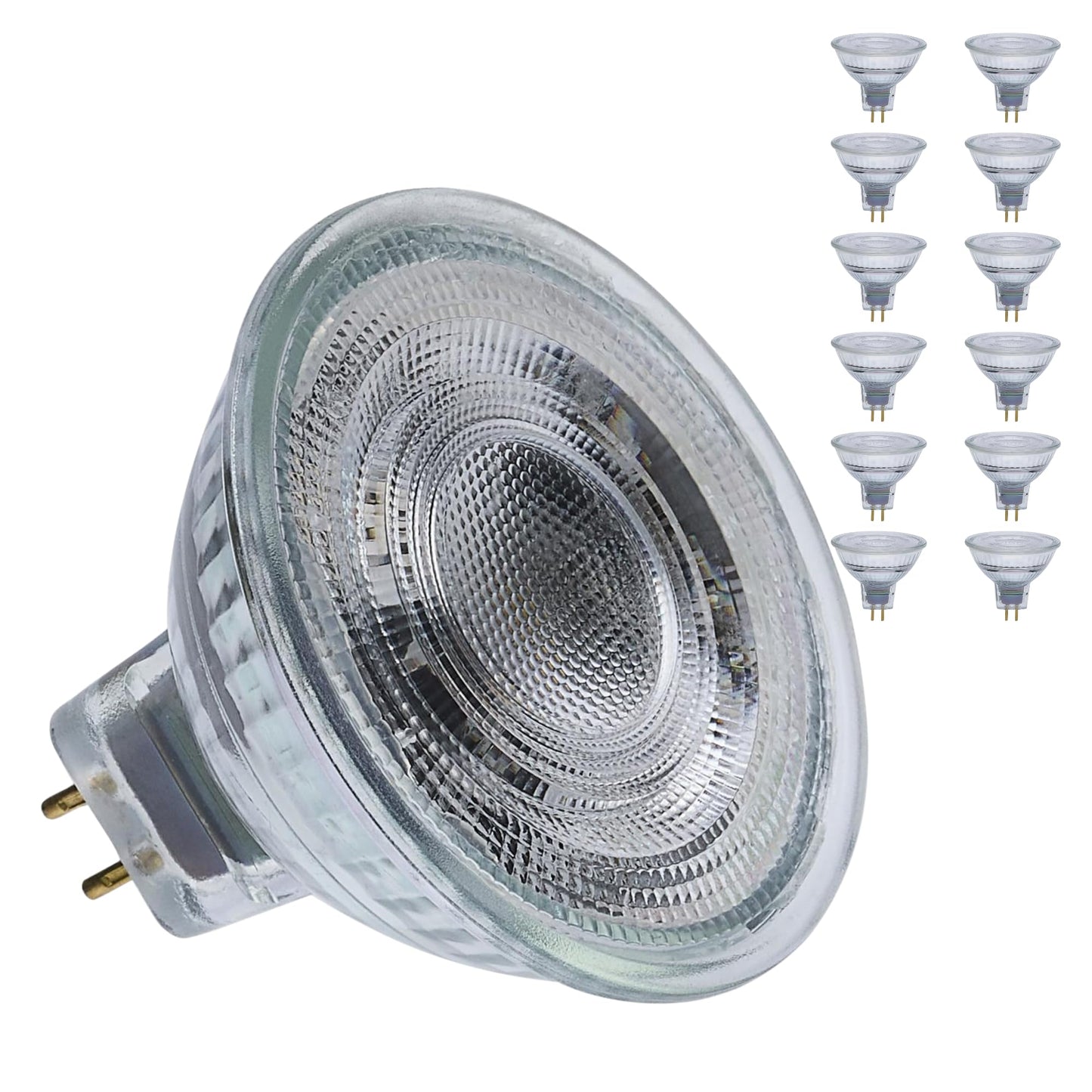 Satco LED MR16 Spotlight 5.5W 50W Equivalent 3000K Soft White 90+ CRI 15° Beam GU5.3 Bi-Pin Base 12V Dimmable Clear Finish – Part S12361 (12 Pack)