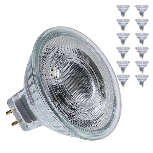 Satco LED MR16 Spotlight 5.5W 50W Equivalent 3000K Soft White 90+ CRI 15° Beam GU5.3 Bi-Pin Base 12V Dimmable Clear Finish – Part S12361 (12 Pack)