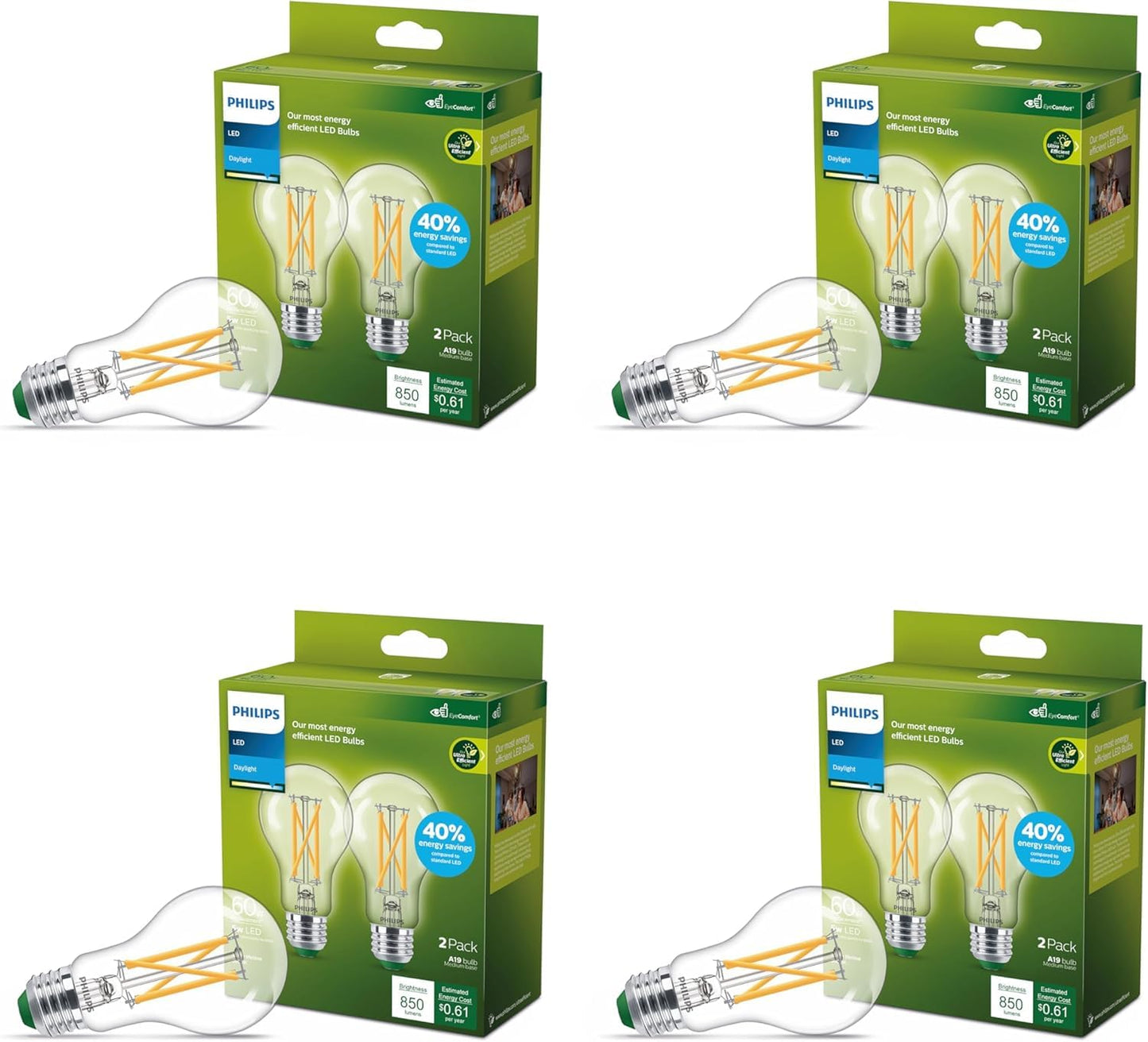 PHILIPS LED 60W A19 8-Pack Ultra Efficient Daylight LED Bulbs (5000K) 850 Lumen (5W = 60W) Dimmable Clear Flicker-Free Light Bulbs