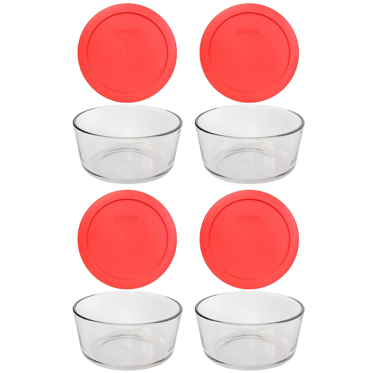 Pyrex 7201 4-Cup Glass Bowl & 7201-PC Red Lid (4-Pack) - Made in USA
